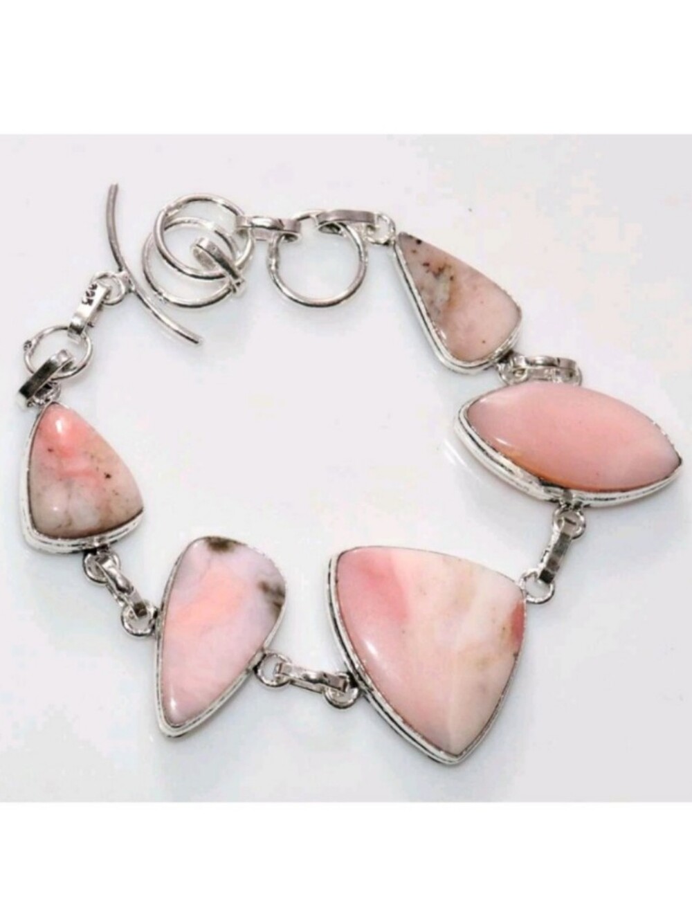 Peruvian Pink Opal Gemstone Jewelry 925 Sterling Silver Handmade Toggle Bracelet